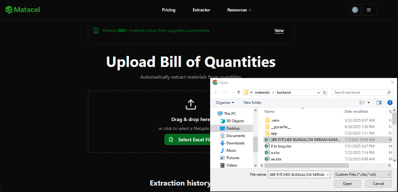 Upload BOQ interface